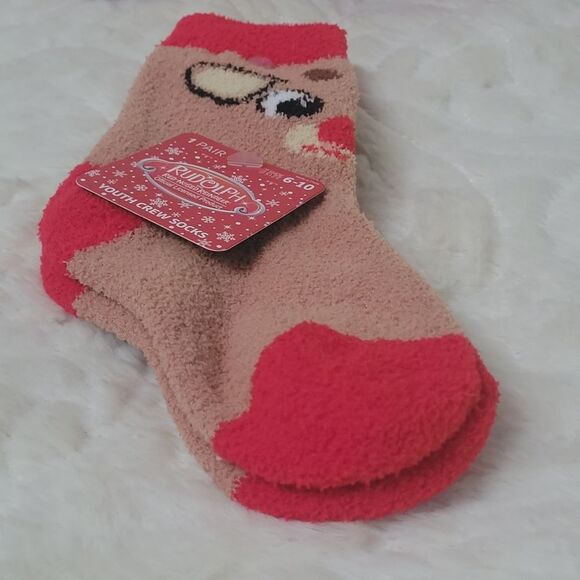Bioworld Rudolph Christmas Crew Socks 1 Pair Sock 5-7 Youth 3-5 Year Olds New - Picture 3 of 7